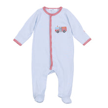 Load image into Gallery viewer, Dress your little hero in the Hero Brigade Applique Footie by Magnolia Baby, made from ultra-soft 100% Pima Cotton to keep delicate skin comfortable all day. The playful fire truck applique adds a spirited touch, while integrated footies ensure warmth and coziness from head to toe. With snap closures for quick changes, this footie is perfect for busy little adventurers ready to conquer their day with comfort and style.
