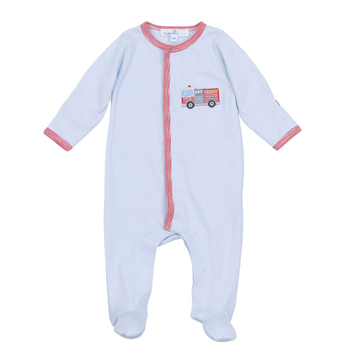 Dress your little hero in the Hero Brigade Applique Footie by Magnolia Baby, made from ultra-soft 100% Pima Cotton to keep delicate skin comfortable all day. The playful fire truck applique adds a spirited touch, while integrated footies ensure warmth and coziness from head to toe. With snap closures for quick changes, this footie is perfect for busy little adventurers ready to conquer their day with comfort and style.