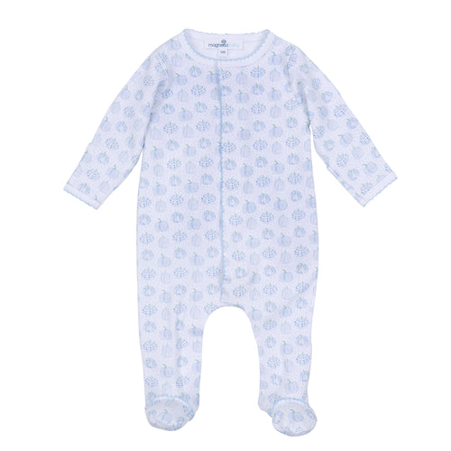 Dress your little one in cozy comfort with the Precious Pumpkins Zipper Footie from Magnolia Baby. Featuring a charming blue and white pumpkin print, this footie is perfect for infant boys. The convenient zipper makes dressing quick and easy, while the soft fabric keeps your baby warm and comfortable all day and night. Ideal for everyday wear or special fall occasions, this footie combines adorable style with practical design.