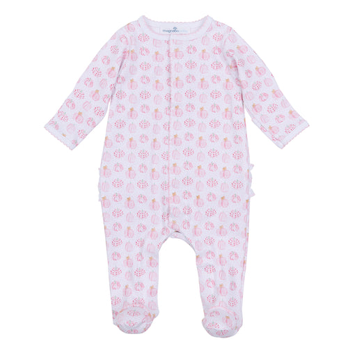 Dress your little one in cozy comfort with the Precious Pumpkins Ruffle Zipper Footie from Magnolia Baby. Featuring a charming blue and white pumpkin print, this footie is perfect for infant boys. The convenient zipper makes dressing quick and easy, while the soft fabric keeps your baby warm and comfortable all day and night. Ideal for everyday wear or special fall occasions, this footie combines adorable style with practical design.