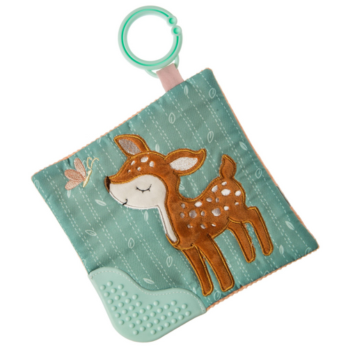 A true standalone item – part soother, part activity toy. A soothing activity toy for curious babies. Simple activity toy with sewn in teether and metallic embroidery. Each Crinkle Teether has fun character appliques and colorful patterns. Baby safe embroidered details.