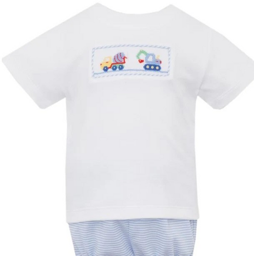 Enhance your little one's love of construction cars with our Boy's Blue Stripe Construction Cars Knit Shorts Set from Petit Bebe. Made from soft knit fabric, this set is perfect for toddler boys and features adorable construction car prints and blue & white striped shorts. 