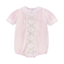 Load image into Gallery viewer, A truly timeless baby girl outfit! Features hand-stitched embroidery, lace, and pintucks, for the Feltman Brother&#39;s quality you know and trust. This romper is that perfect heirloom piece for your little one, with matching accessories available too!
