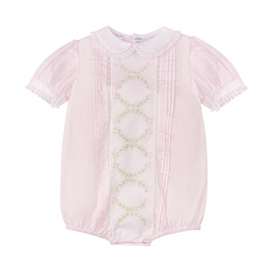 A truly timeless baby girl outfit! Features hand-stitched embroidery, lace, and pintucks, for the Feltman Brother's quality you know and trust. This romper is that perfect heirloom piece for your little one, with matching accessories available too!