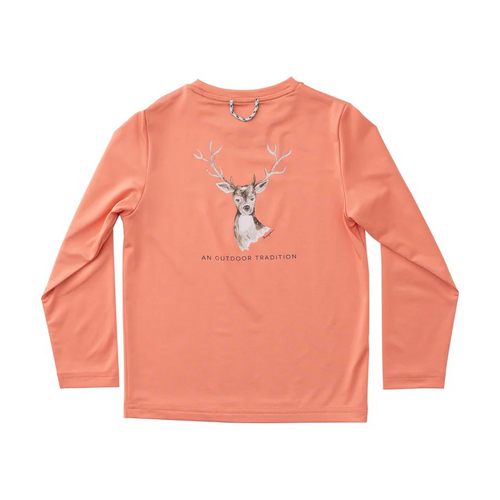Let your little adventurer embrace the great outdoors in style with our Kid's Pro Performance Long Sleeve T-shirt in Soft Orange with Deer Head and Antlers. Hand painted deer graphic with antlers and the phrase 