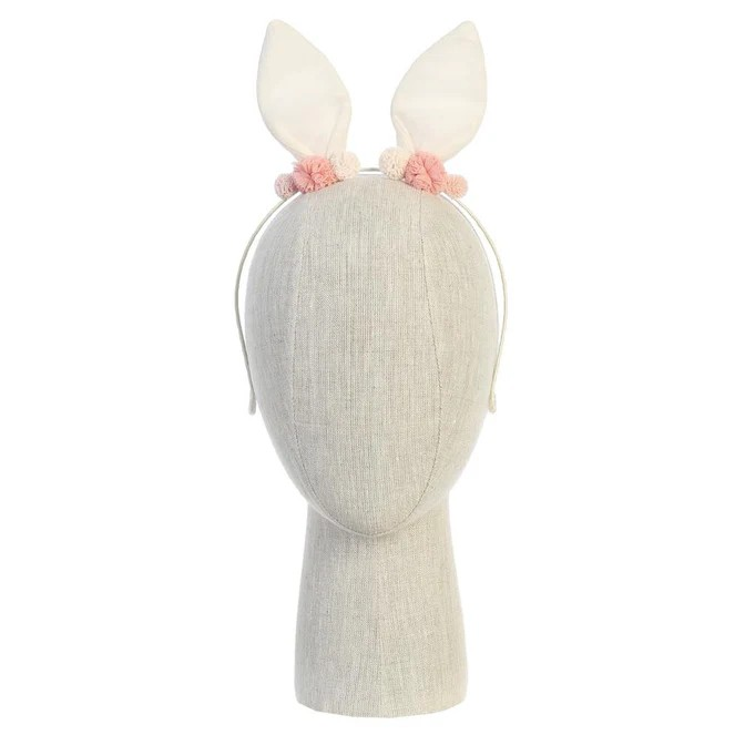 Shimmery bunny ears headband with multicolored pom pom accents. The ears include a wire for adjusting. It includes a flexible headband with silicone covers at the ends for comfort. Perfect for all ages! Height of ears is approximately 3.5 inches