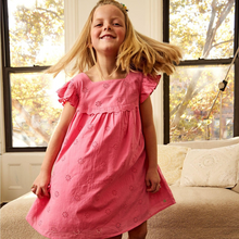 Load image into Gallery viewer, This All-A-Flutter Cotton Poplin Eyelet Dress from Magnetic Me is a must-have for any stylish girl! The magnetic closures make getting dressed a breeze, while the beautiful bubble gum pink color and classic eyelet design add a touch of sophistication. With flutter sleeves for a playful touch, this dress will become her go-to favorite, making mornings a breeze for both her and you!
