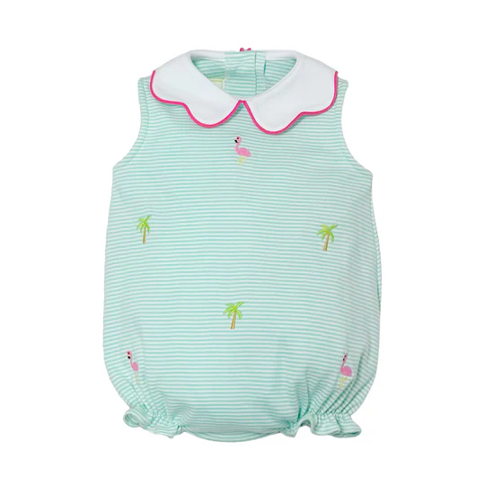 Indulge in the cuteness of summer with our Infant Girls Flamingo Knit Stripe Bubble! Made with soft knit striped fabric, it features an embroidered flamingo and palm trees, and a hot pink piped scalloped collar. Perfect for any sunny day or vacation, this bubble will keep your little one stylish and comfy.