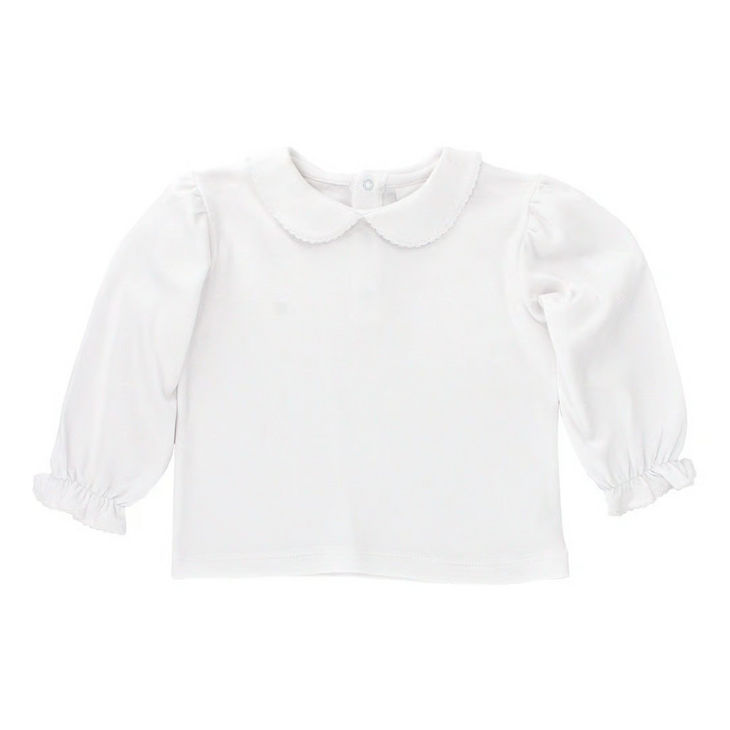 Elevate your little one's wardrobe with this timeless Girl's Long Sleeve Peter Pan Knit Shirt from Bailey Boys. The signature peter pan collar and ruffle sleeves adds a touch of classic sophistication, making it the perfect layering piece for creating polished, coordinated looks for her. 