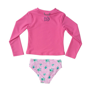 PRODOH Girls Reef Rashguard Swim Set in Fuchsia Pink Top and Pink Gingham Turtle Print is a classic swim style for active girls who love adventure and that coastal lifestyle! Pill and fade resistant to last several seasons so you'll be able to pass down to others...keeping your outdoor traditions alive. 