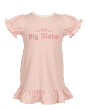 Load image into Gallery viewer, A sweet dress for the most precious Big Sister announcement! Ultra comfortable knit fabric with princess sleeves with elastic cuffs, crew neck with single button back closure. Fun ruffled dress hem. Custom bow and big sister embroidery on chest. Polyester spandex blend knit.
