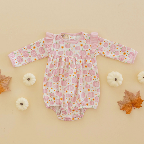Autumn Blooms Flutters Bubble- A delightful piece for your little one, crafted from luxurious Pima Cotton. This item showcases a beautiful autumn floral print with sweet pink pumpkins that capture the spirit of fall. The long-sleeve design provides extra warmth on cooler days.