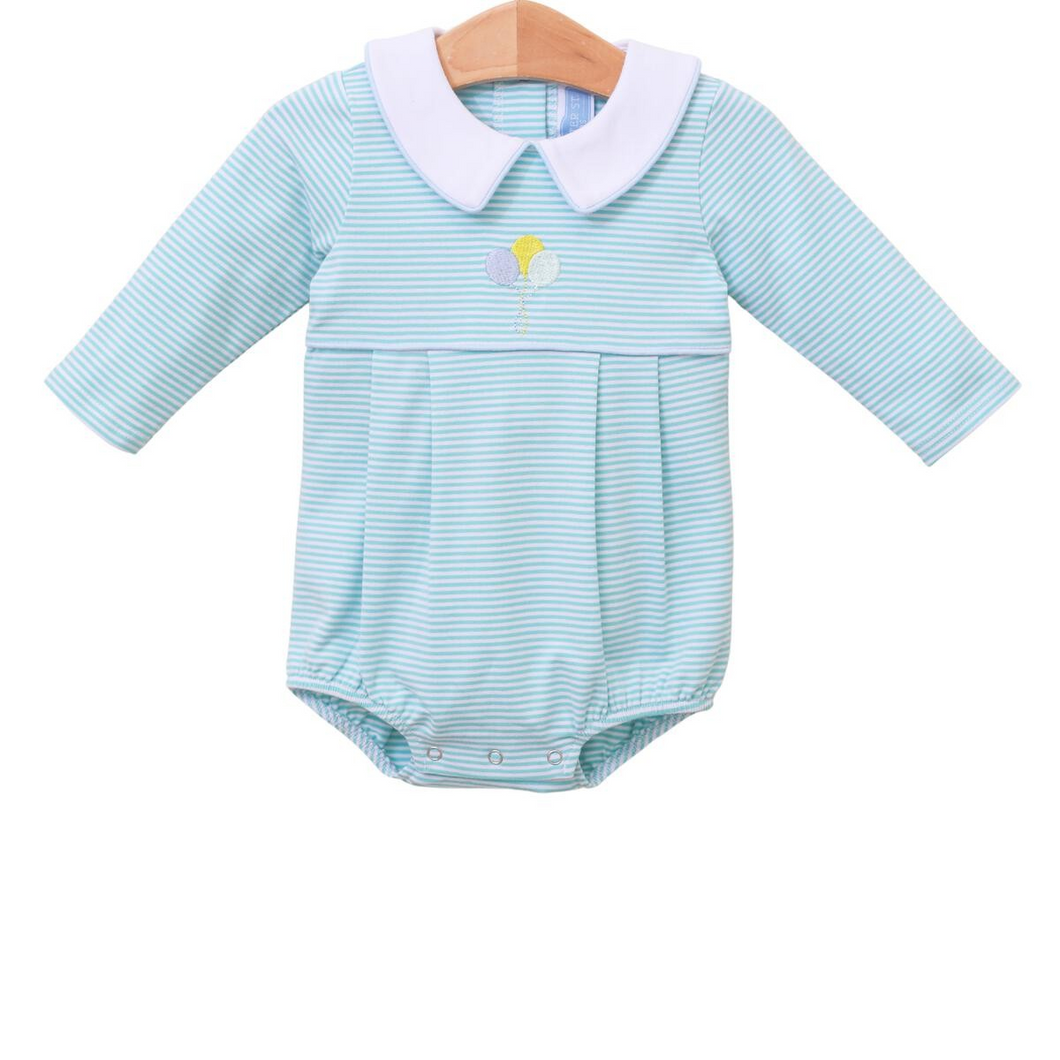 Introducing our Balloon Embroidery Bubble in Light Blue, the perfect birthday outfit for your little boy! Made by Trotter Street Kids, this adorable bubble features delicate balloon embroidery for a cute and charming touch. Dress your infant in this for a memorable celebration!