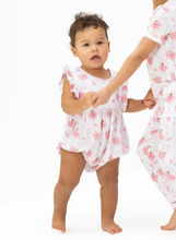 Load image into Gallery viewer, Embrace the joy of spring and summer with the Ballerina Ruffle Romper by Angel Dear! This delightful play suit, adorned with a charming ballerina print, is not only breathable but also designed to keep your little one feeling comfortable and stylish. Its adorable ruffles will make every moment a dance party!
