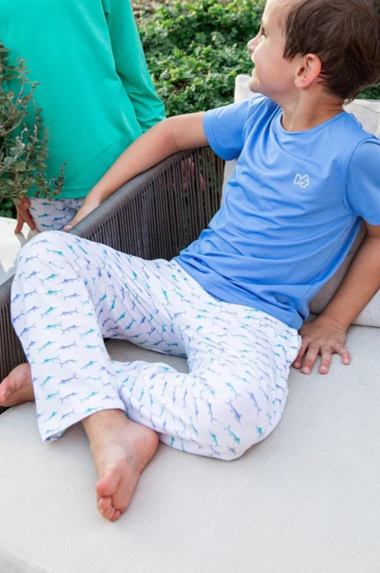 After all that adventuring, angling, beaching and boating...you're going to need some down time! Rest up and lounge around in our PRODOH Kids lounge life pant with Marlin Fish Print on white knit Peruvian cotton fabric! Pair with any of our performance fishing t-shirts snd complete your cozy look with a Spinnerbait or Crew Control Sweatshirt!

92% Cotton 8% Spandex
Elastic Waistband with Drawcord
Machine Washable