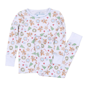 Dress your little one in cozy comfort and festive charm with this Boy's Frosted Wonderland Long Pajama Set . Made from 100% soft, breathable Pima Cotton, it gently caresses delicate skin while keeping your little one comfortable all day. The delightful all-over print of gingerbread boys, stars, and snowflakes adds a sweet holiday touch, making it the perfect choice for seasonal celebrations and cozy winter moments. Sibling matches available!