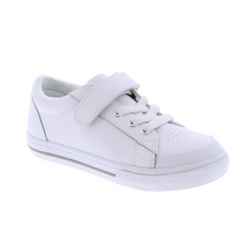 Load image into Gallery viewer, Footmates Reese White Leather Sneaker- Leather blucher oxford vulcanized sneaker featuring hook-and-loop closure and decorative elasticized false-laces.
Custom Fit System – Removable,&nbsp;dual&nbsp;insoles in Medium and Wide provided for customized fitting.
Roomy Toe Box – Allows tiny toes room to breathe and splay naturally during walking, enhancing balance and reducing rubbing, friction, and moisture.
Arch Support – Shoe last and insole designed to provide proper arch support for developing feet.
Firm He
