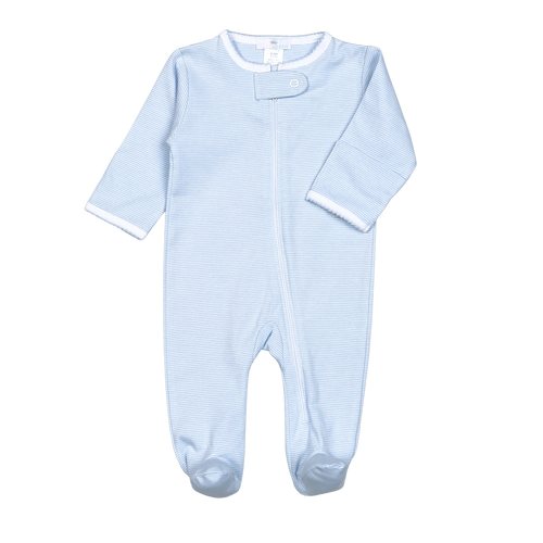 Dress your little one in the Infant Boys Blue Tiny Stripes Pima Zipper Footie from Baby Loren, crafted from 100% soft pima cotton for gentle comfort all day and night. Its classic zipper design makes diaper changes quick and easy, while the timeless blue tiny stripes add a touch of style. Perfect for keeping your baby cozy and looking adorable with effortless convenience.
