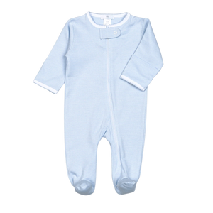 Dress your little one in the Infant Boys Blue Tiny Stripes Pima Zipper Footie from Baby Loren, crafted from 100% soft pima cotton for gentle comfort all day and night. Its classic zipper design makes diaper changes quick and easy, while the timeless blue tiny stripes add a touch of style. Perfect for keeping your baby cozy and looking adorable with effortless convenience.