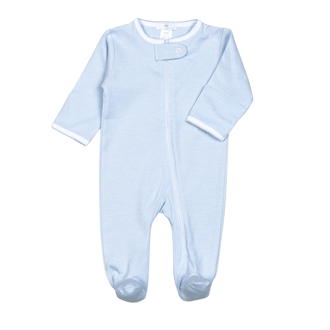 Dress your little one in the Infant Boys Blue Tiny Stripes Pima Zipper Footie from Baby Loren, crafted from 100% soft pima cotton for gentle comfort all day and night. Its classic zipper design makes diaper changes quick and easy, while the timeless blue tiny stripes add a touch of style. Perfect for keeping your baby cozy and looking adorable with effortless convenience.