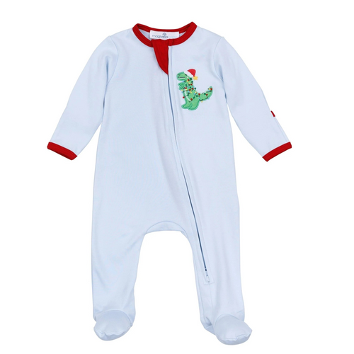 Celebrate the holidays with the Merry Rexmas Zipper Footie from Magnolia Baby. This charming light blue footie, accented with festive red trim, features an adorable Christmas T-Rex design that brings fun to festive wear. The convenient two-way zipper ensures easy dressing and diaper changes, making it a perfect cozy outfit for your little one’s holiday celebrations.