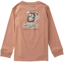 Load image into Gallery viewer, Classic long-sleeve comfort with a playful twist. This boys' tee features a turkey graphic on the back in warm burnt orange, paired with a functional front pocket for everyday wear. Soft cotton construction keeps him comfortable all day long, whether heading to school or weekend adventures. Perfect for fall layering or standalone wear.
