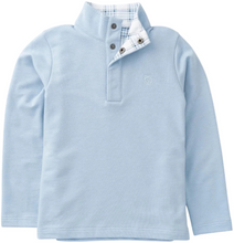 Load image into Gallery viewer, The Sporty Snap Pullover from Prodoh brings effortless versatility to his autumn wardrobe. Crafted in soft cashmere blue with a classic mock neck quarter snap and plaid fabric detailing, this pullover transitions seamlessly from everyday wear to special occasions. The clean lines and refined construction make it a reliable layering piece that pairs with everything from jeans to dress pants—ideal for building a polished, put-together look season after season.
