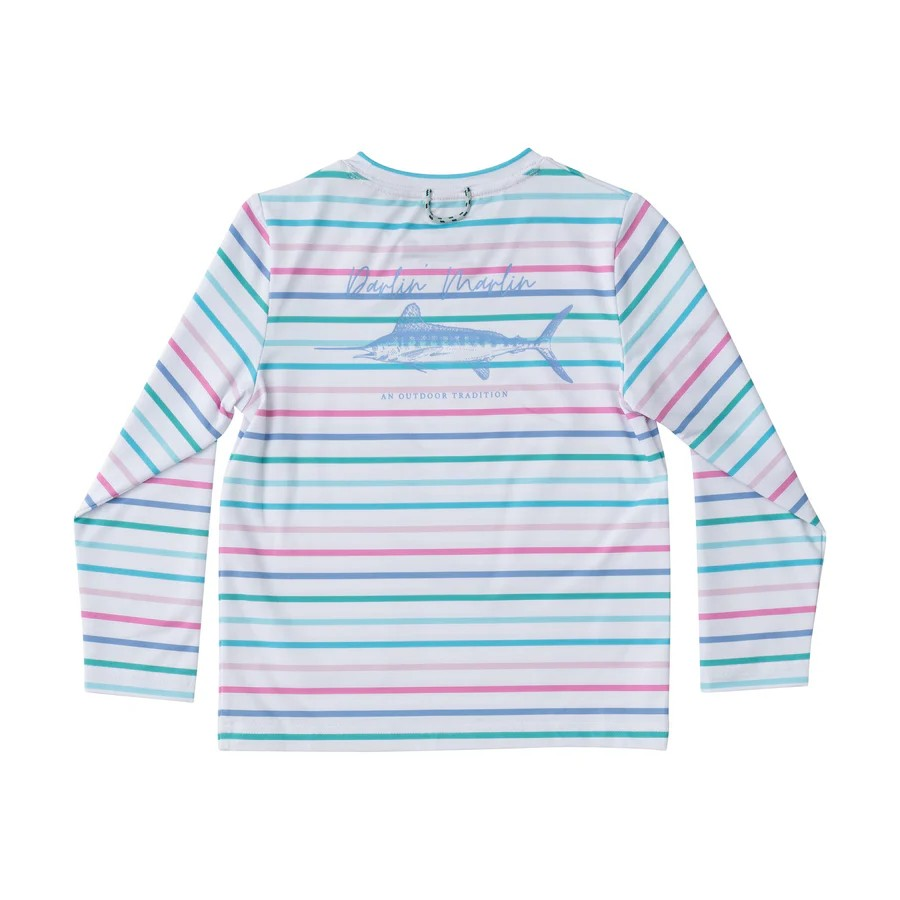 It's no secret that PRODOH Girls Pro Performance Long Sleeve Fishing T-shirt Fuchsia Pink Multi Color Stripe with Darlin Marlin artwork sells out super fast! With custom artwork on the back of each performance t-shirt it's no wonder PRODOH tees are a favorite with toddlers, kids, and youth boys and girls. Fabric is UV protective, fast drying, pill-resistant and soft on the skin!! Available in sizes 6 month-youth large 12/14.

UPF 50+ 90% Polyester 10% Lycra
Fast Drying
Pill Resistant
Machine Washa