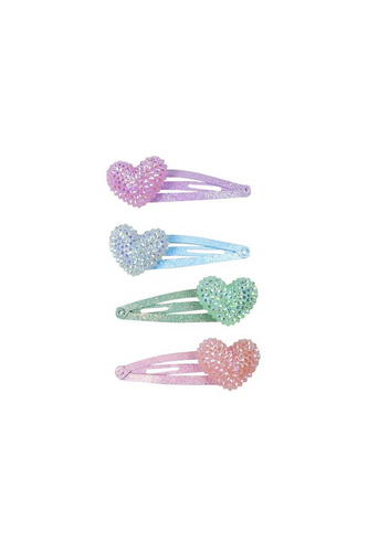 Add some heart and sparkle to your hair style with this set of bedazzled heart hairclips. Perfect to mix and match, this set of 4, glitter matched enamel clips, come in shades of pink, purple, mint and blue.