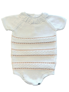 Dress your little one in style with our Girl's Pink Ruffle Collar Sweater Bubble! Made from soft materials, this set features a classic pink and white striped design. Perfect for infant girls, this adorable and timeless outfit will keep them cozy and cute.