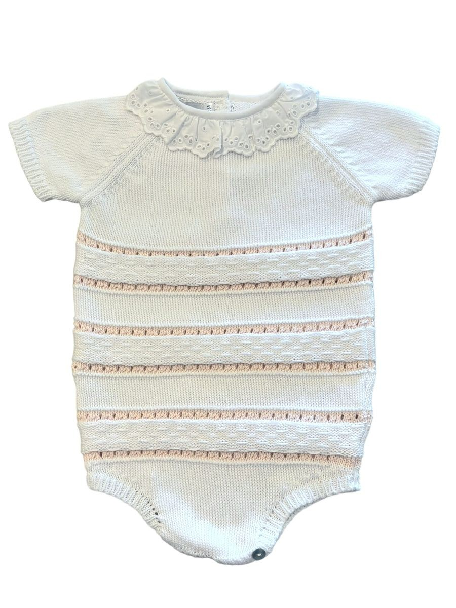 Dress your little one in style with our Girl's Pink Ruffle Collar Sweater Bubble! Made from soft materials, this set features a classic pink and white striped design. Perfect for infant girls, this adorable and timeless outfit will keep them cozy and cute.
