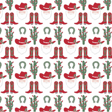 Load image into Gallery viewer, Dress your little one in festive charm with the Ellery Girls Dress in the Cowboy Christmas print by Lila &amp; Hayes. Crafted from soft, breathable pima cotton knit, this long sleeve dress features a delicate ruffled yoke collar and a drop waist accented by a playful tie tassel. Elastic ruffled cuffs add a refined touch while ensuring comfort. Adorned with whimsical boots and Santa motifs, it’s the perfect holiday outfit for joyful celebrations and lasting memories.
