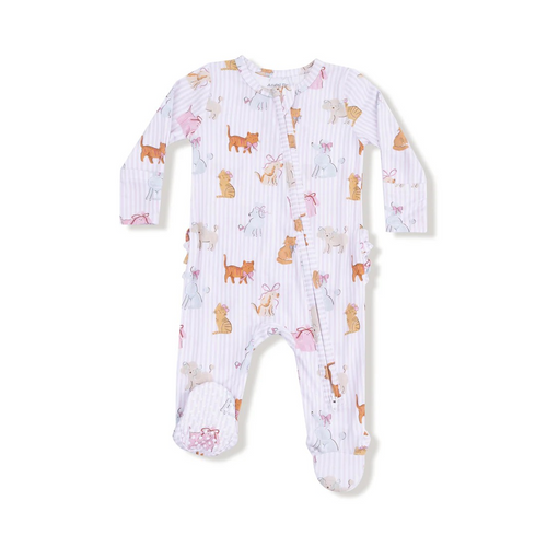 Fancy Pets 2 Way Zipper Ruffle Footie from Angel Dear. This Ruffle Back Zipper Footie makes changing your baby a snap! (Or as we like to say, a zip!) Made with luxuriously soft bamboo fabric and adorned with Angel Dear's signature prints, this footie brings endless oohs, aahs, and smiles. And the sweetest surprise? An adorable ruffle back detail for extra charm!