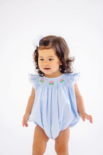 Load image into Gallery viewer, An enchanting classic for your little one! The Bridget Bubble in Buckhead Blue with Hydrangea Smocking creates a sweet silhouette perfect for spring days and special occasions. Crafted with quality construction and attention to detail, this bubble is designed for style that will last all season long.
