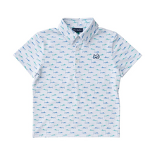Load image into Gallery viewer, No matter the adventure, your boys will be ready in these fast-drying, UV-protective,&nbsp;boys&#39; short-sleeve pro performance polo shirts in Fish Print on White. Our boys&#39; polos keep moisture out with wicking technology, breathable fabric, and the signature vented back. PRODOH polo shirts are perfect for golf, tennis, country clubbing, or cruising the coast.&nbsp;

UPF 50 95% Polyester 5% Lycra
100% Polyester Mesh Liner
Collar Interfacing for Structure
3 Button Placket/Extra Button Included
Vented Back
Mach
