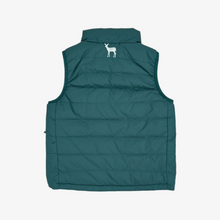 Load image into Gallery viewer, Keep your little one cozy and stylish with the Velvet Fawn reimagined Mallard Sky Green Oakley Puffer Vest, lined with the signature &quot;Mallard Sky&quot; print, featuring mallard ducks. The outer shell is designed in a classic mallard green tone. This vest offers a timeless and versatile look for both girls and boys. Finished with our fawn logo embroidered on the back, this vest combines functionality and charm - perfect for cooler weather adventures!
