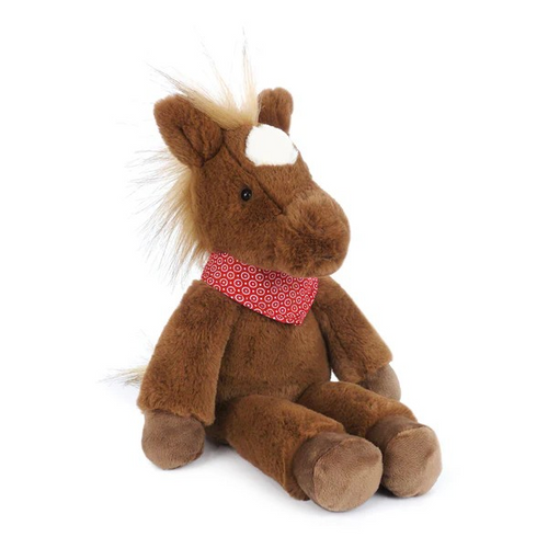 Giddy-up and off we go! Meet Cinnamon, the cuddly stuffed horse ready to trot into every adventure. With a chocolate brown body, white marking, and the fluffiest mane, Cinnamon is an absolute charmer. His hard eyes twinkle with personality, and the red printed bandana around his neck adds just the right touch of cowboy style. Thanks to his weighted bottom, Cinnamon sits upright and steady, always ready for little horse lovers to take him along on their journeys. This plush pal is sure to become a favorite c