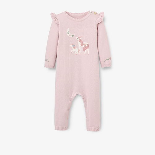 The Violet Unicorn Knit Jumpsuit Romper from Elegant Baby is the perfect outfit for your little one this fall. Made of soft knit material, it features a cute unicorn detail and ruffles, providing both comfort and style. Dress your infant in this cozy and elegant romper for any occasion. 