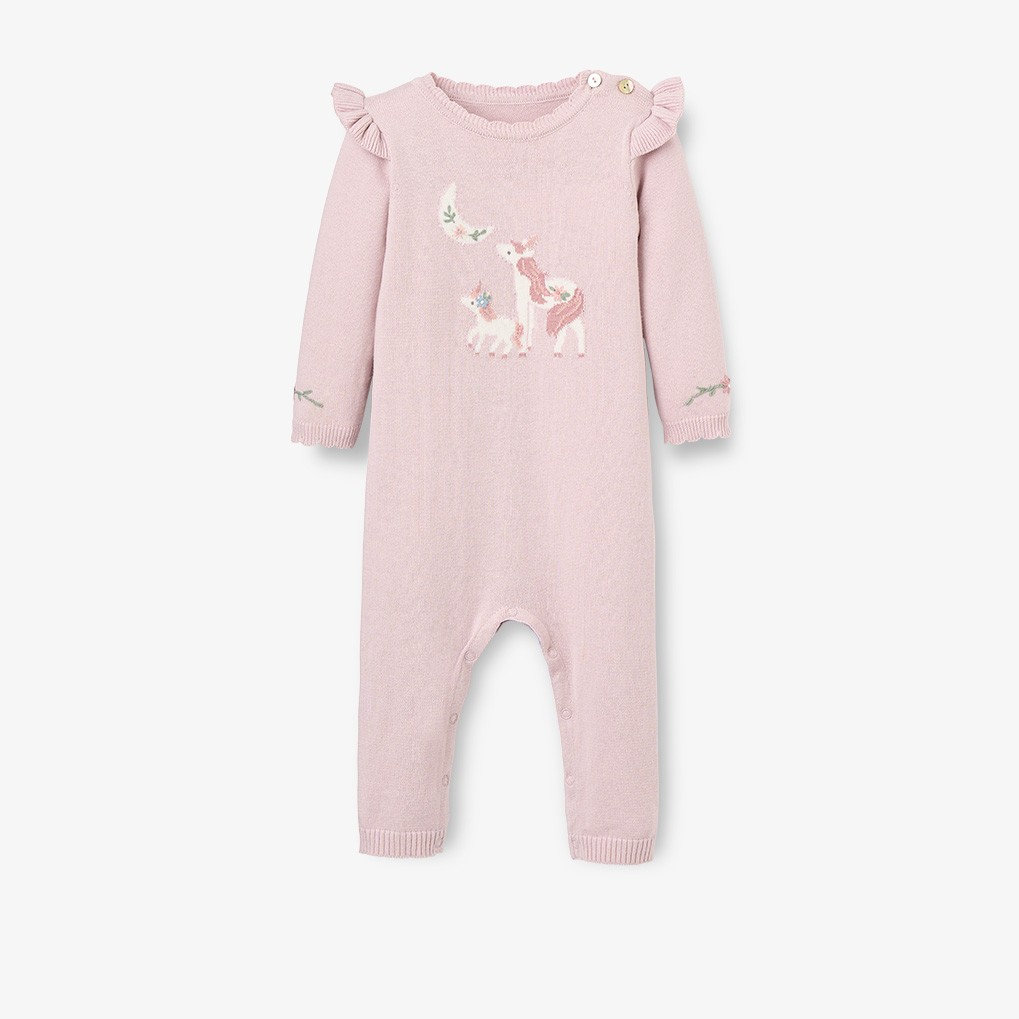 The Violet Unicorn Knit Jumpsuit Romper from Elegant Baby is the perfect outfit for your little one this fall. Made of soft knit material, it features a cute unicorn detail and ruffles, providing both comfort and style. Dress your infant in this cozy and elegant romper for any occasion. 