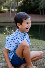 Load image into Gallery viewer, PRODOH&nbsp;Boys&#39; Short Sleeve Fishing Shirt in Fish Print on Clear Sky Blue&nbsp;is made to last several seasons so you&#39;ll be able to pass down to others...keeping your outdoor traditions alive. Our short sleeve fishing shirt does not have a vented back for more versatile wearing options. This button-up fishing shirt is developed with new updated UV protective fabric and more secure buttons!

UPF 50+ 88% Polyester 12% Spandex Woven 4 Way Stretch Fabric
Machine Washable
Wrinkle and Stain-resistant
