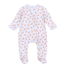 Load image into Gallery viewer, Wrap your little one in pure comfort with this charming Petit Croissant Print Zip Footie from Magnolia Baby. Crafted from 100% luxurious Pima cotton, this footie is incredibly soft and breathable—perfect for sensitive skin. The adorable all-over croissant print adds a whimsical touch to bedtime, while the innovative two-way zipper makes diaper changes effortless, even during those late-night moments.&nbsp;
