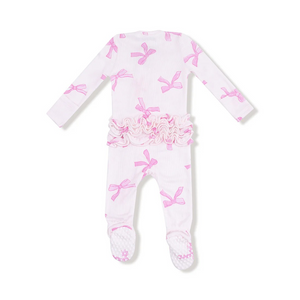 Pretty Bows 2 Way Zipper Footie from Angel Dear. This Ruffle Back Zipper Footie&nbsp;makes changing your baby a snap! (Or as we like to say, a zip!) Made with luxuriously soft ribbed modal fabric and adorned with Angel Dear's signature prints, this footie brings endless oohs, aahs, and smiles. And the sweetest surprise? An adorable ruffle back detail for extra charm!