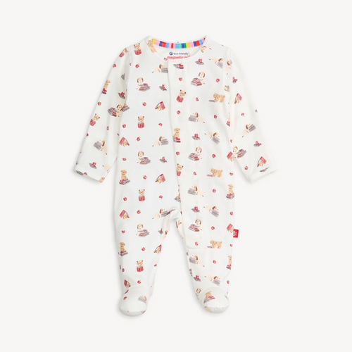Pup Fiction Modal Footie from Magnetic Me. 

This modal Magnetic Footie, designed with magnetic closures, is a quick and quiet lifesaver for all-day and middle-of-the-night diaper changes—that's up to 12 times a day (!). Made from sustainable modal, it's a silky-soft and temperature-regulating sleeper to keep your little one comfy from head to toe.

TENCEL™ modal is bio-based, ethically sourced, biodegradable and more durable than bamboo.