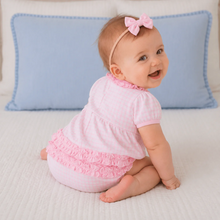 Load image into Gallery viewer, Celebrate every tiny moment in the Puppy Appliqué Bubble by Magnolia Baby. Crafted from soft Pima cotton, its pink check pattern and delicate ruffles create an irresistible charm, while the sweet puppy appliqué sparks joy with every cuddle. Isn’t this the perfect outfit to brighten their day?
