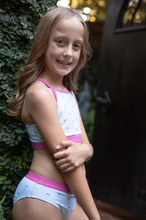 Load image into Gallery viewer, PRODOH&nbsp;Girls Racerback Bikini in Palm Tree Stripe Print&nbsp;is a classic swim style for active girls who love adventure and that coastal lifestyle! Pill and fade resistant to last several seasons so you&#39;ll be able to pass down to others...keeping your outdoor traditions alive.&nbsp;

UPF 50+ 82% Nylon 18% Spandex
100% Polyester Lining
Pill and Fade Resistant
Adjustable Bikini Top
Designed in USA and Imported
