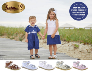 Footmates Tide Sandal for toddlers, the perfect spring-to-summer shoe for all occasions and events!

Adjustable hook-and-loop straps provide a custom fit for a charming water-friendly sandal your little one can wear to the beach, pool or splash pad.

Corrosion-resistant buckles
Slip-resistant sole
Textile upper and lining/rubber sole
