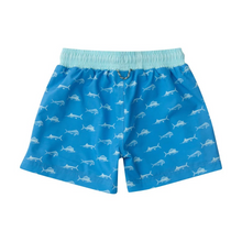 Load image into Gallery viewer, Our&nbsp;Boys Boogie Board Swim trunks in Fish Print on Marina Blue&nbsp;are made of soft, itch free fabric that boys and toddlers crave! Updated side slits and 4 way stretch fabric will provide more movement for your little guy this season! PRODOH Swim trunks are lightweight and fast drying and feature an anti chafing boxer brief liner. Side seam pockets are mesh lined so sand stays out but shells and bait stay put. Pair with a PRODOH sun protective Reef Rash Guard Swim Shirt from our boy&#39;s swimwear line o
