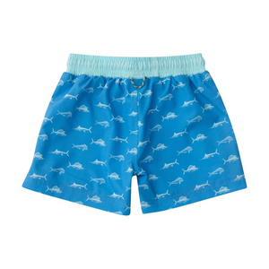 Our&nbsp;Boys Boogie Board Swim trunks in Fish Print on Marina Blue&nbsp;are made of soft, itch free fabric that boys and toddlers crave! Updated side slits and 4 way stretch fabric will provide more movement for your little guy this season! PRODOH Swim trunks are lightweight and fast drying and feature an anti chafing boxer brief liner. Side seam pockets are mesh lined so sand stays out but shells and bait stay put. Pair with a PRODOH sun protective Reef Rash Guard Swim Shirt from our boy's swimwear line o