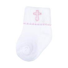 Load image into Gallery viewer, Complete your little one&#39;s Sunday outfit with our Blessed Embellished Socks from Magnolia Baby. Available with blue or pink embellishment and a matching cross, these socks are the perfect addition to our Blessed collection. Keep your little one&#39;s feet cozy and stylish every Sunday! Available in pink or blue.

