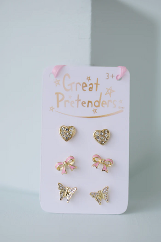 Our NEW Boutique collection boasts a meticulously curated selection of necklaces, bracelets, headbands and hair accessories.

This set of earrings includes a heart, bow, and butterfly-shaped studs made with gold-toned metals.